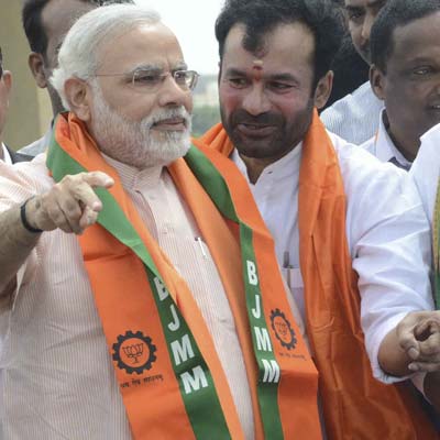 BJP leaders from Andhra Pradesh welcome Gujarat Chief Minister Narender Modi in Hyderabad.