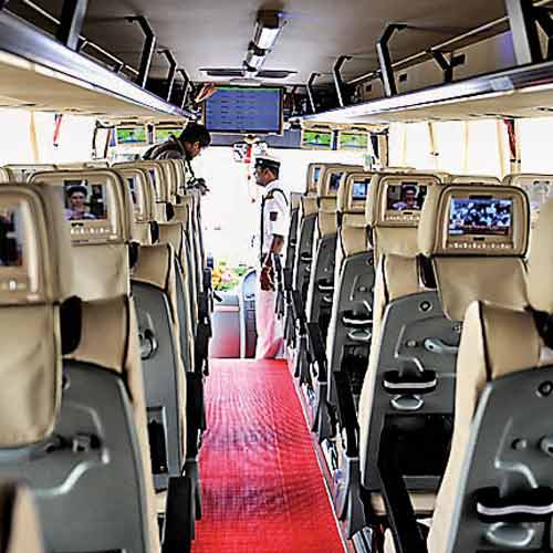 Besides TV panels, the Flybus has chemical toilets, wifi and a pantry on board.