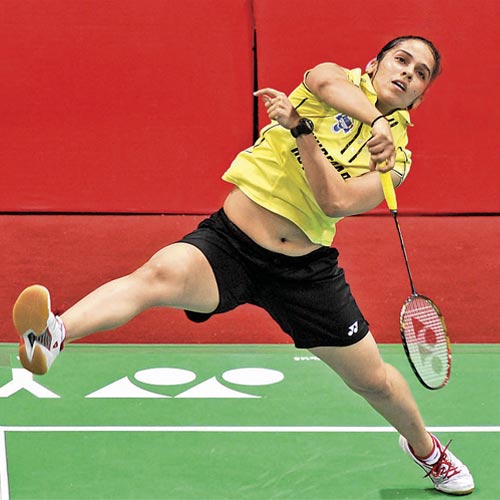 Saina Nehwal of Hyderabad Hotshots in a punishing mood during her win over Awadhe Warriors' PV Sindhu in New Delhi on Thursday.