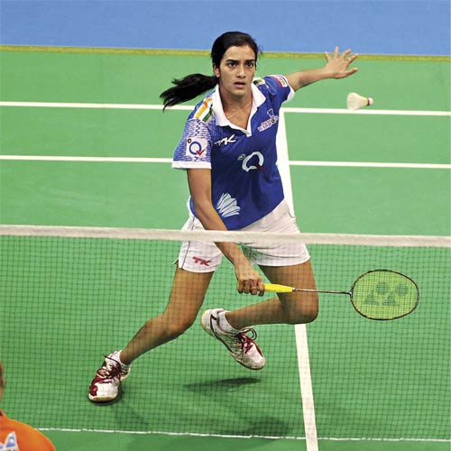 PV Sindhu in action against Tine Baun in Bangalore on Saturday.