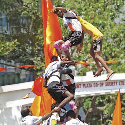 Govindas form a pyramid at a Dadar dahi handi on Thursday.
