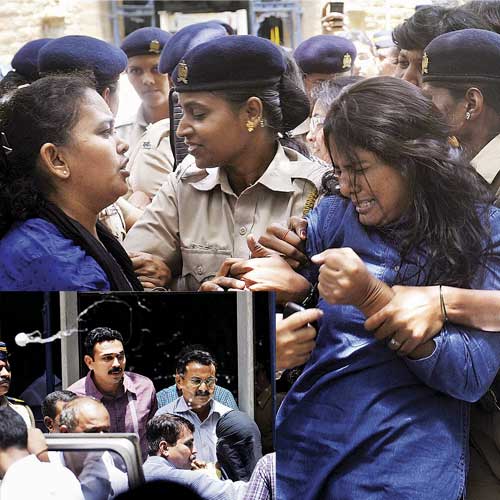 Cops detain women who hurled eggs (inset) at gang rape accused at Esplanade court in Fort on Friday.