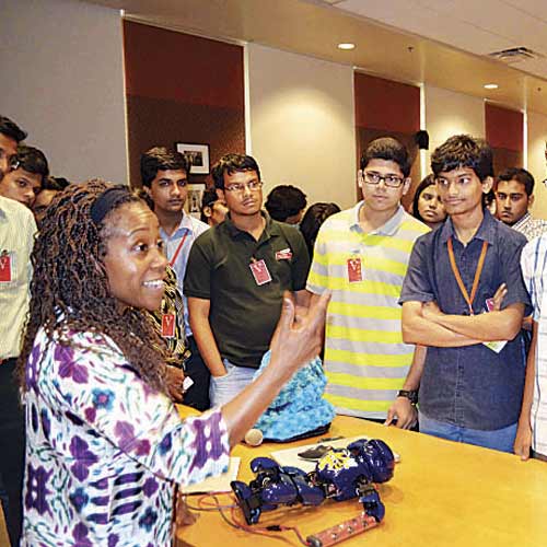 Robotics expert Dr Ayanna Howard speaks to students of Usha Mittal Institute of Technology on Friday.
