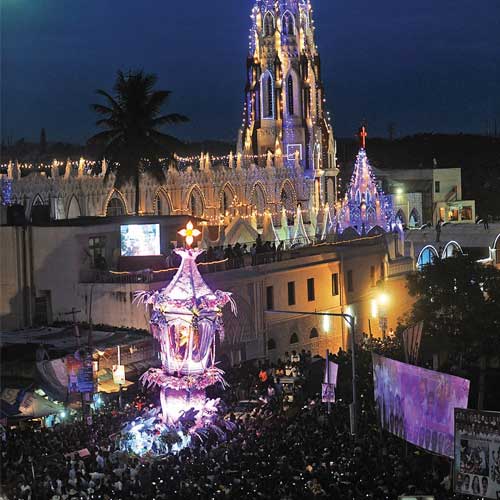 Hundreds of devotees witness St Mary's grand car procession on the ninth day of St Mary's festival held at Shivajinagar Basilica on Sunday evening.