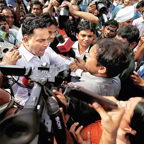 Defence lawyer AP Singh outside the Saket court in New Delhi on Wednesday.
