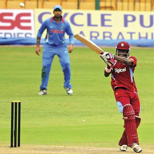 West Indies 'A' batsman Jonathan Carter pulls one to the fence during his 133-run knock in the second unofficial ODI against India 'A' at the M Chinnaswamy Stadium in Bangalore on Tuesday.