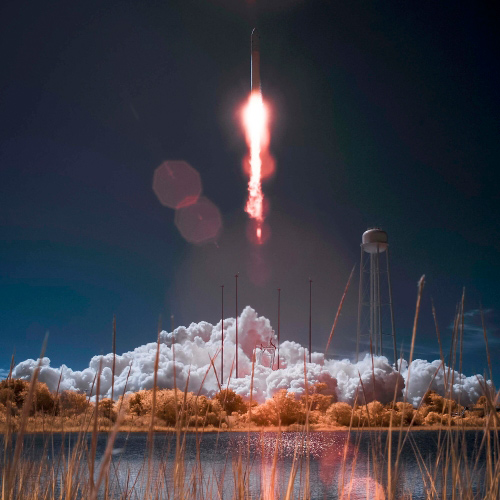 The Orbital Sciences Corporation Antares rocket, with the Cygnus cargo spacecraft aboard, is seen in this false colour infrared image, as it launches from Pad-0A of the Mid-Atlantic Regional Spaceport at NASAs Wallops Flight Facility in Virginia. —Photo courtesy: Reuters/Bill Ingalls/NASA/Handout via Reuters