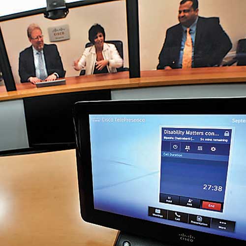 A video conference in progress at Springboard Consulting and Cisco press meet on Thursday.