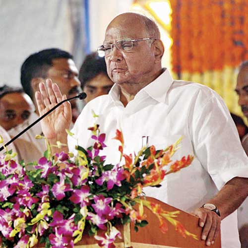 NCP chief Sharad Pawar addresses a rally at Bandra (east) on Saturday. .