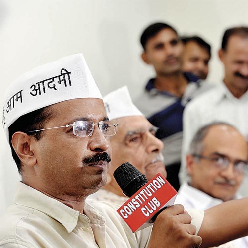 Arvind Kejriwal addressing a press conference in New Delhi on Wednesda.