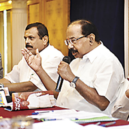 Petroleum and natural gas minister M Veerappa Moily addressing a press conference on Wednesday.