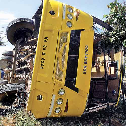 The JSSATE engineering college bus that toppled in Kengeri on Thursday.