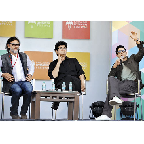 Director Rakeysh Mehra, Prasoon Joshi and actor Farhan Akhtar at the Bangalore Literature Festival on Friday.