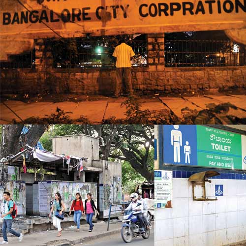 Top: A man relieves himself right in front of a Bangalore City Corporation board at Rhenius street, bringing to light the apathy of the sidewalls in the city.
Above left: A defunct public toilet near Mayo Hall
Above right: A pay-and-use public toilet at Jalahalli is locked for the past few months