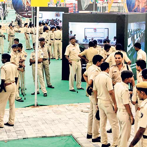 Cops intensify security at the GMDC ground for Vibrant Gujarat Navratri celebrations beginning Saturday.