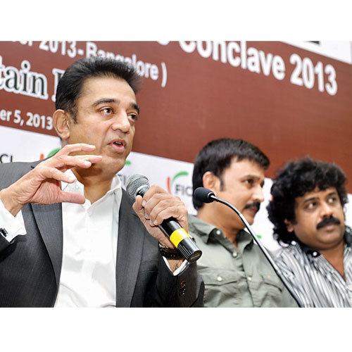 Actor Kamal Haasan and actor Arvind Ramesh address media on upcoming conference of media and entertainment business conclave in Bangalore, on Saturday.