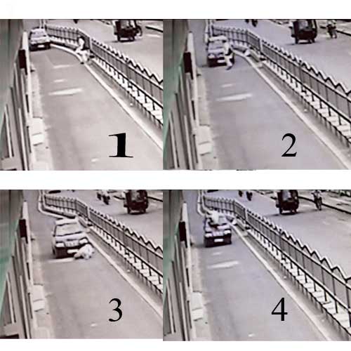 CCTV footage 1. An elderly man crossing the corridor to reach ibus stop in the morning. 2. A speeding car hit the man suddenly. 3.The man flew in the air and feel down on the windscreen of the car. 4. The victim sustained multiple injuries as car takes him along