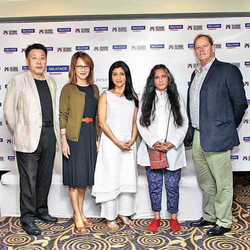 (left to right) Director-actor Masato Harada, French film, TV and stage actor Nathalie Baye, actor Konkona Sen Sharma, filmmaker Deepa Mehta and jury head Bruce Beresford on the first day of Mumbai Film Festival on Thursday