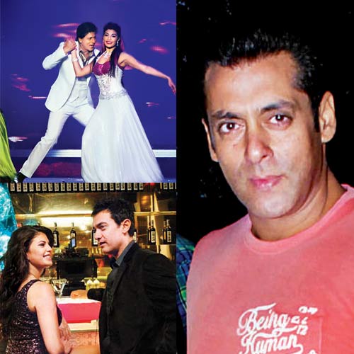 Shah Rukh and Jacqueline performing at Temptation Reloaded and (top right) Aamir with the actress in the watch ad