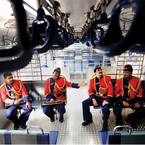 Railway police band members on the new local. The train was brought to Kurla terminus from Virar car shed for an inspection by CM Prithviraj Chavan and Union railway minister Mallikarjun Kharge.