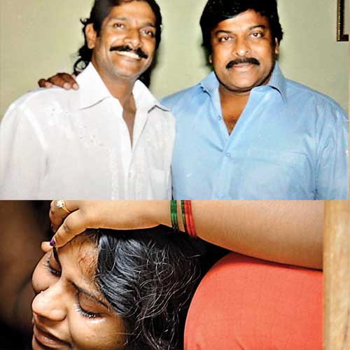 Top: An old photo of Venkatesh Yadav with filmstar Chiranjeevi. Above: Daughter of Anitha grieves after learning about her mother's demise.