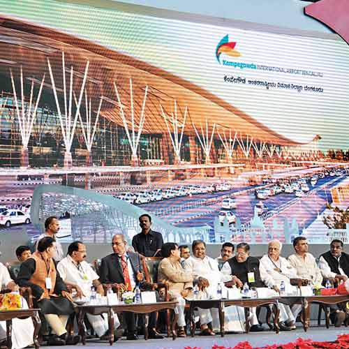 Chief minister Siddaramaiah, Union aviation minister Ajit Singh, Union ministers M Veerappa Moily and Rehman Khan, CMD of GVKPIL and co-chairman of BIAL GVK Reddy and others at the renaming ceremony of the Bengaluru International Airport as Kempegowda International Airport on Saturday.