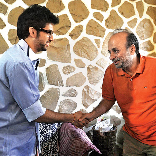 Yuva Sena chief Aaditya Thackeray meets Neeraj Hatekar at his Kalina house on Friday.