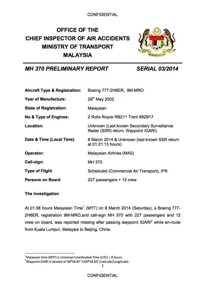 Malaysia Releases First Preliminary Report On Missing Flight MH370