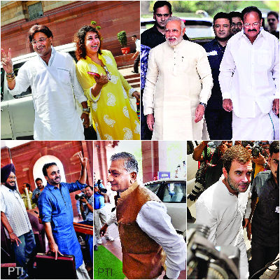 Prime Minister Narendra Modi greets Sonia Gandhi on first day of.