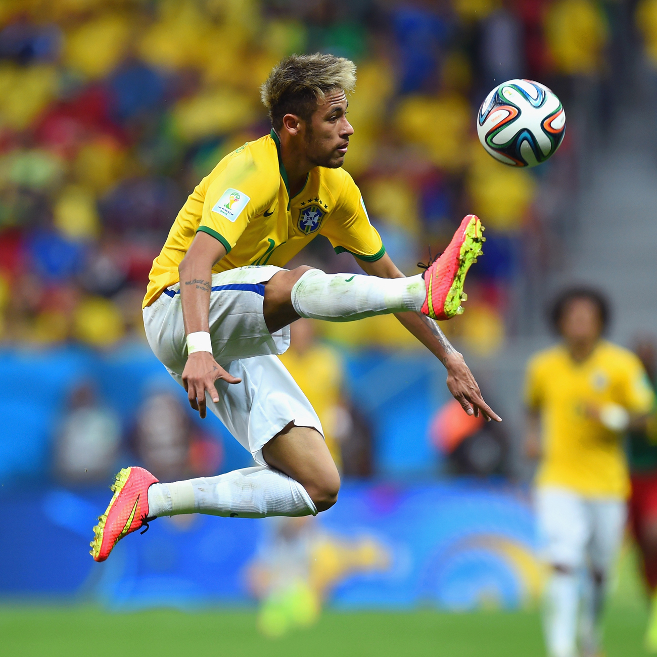 Neymar, who scored two goals for Brazil in the first half of the game against Cameroon. Brazil eventually won 4-1 and finished top of Group A Neymar, who scored two goals for Brazil in the first half of the game against Cameroon. Brazil eventually won 4-1 and finished top of Group A