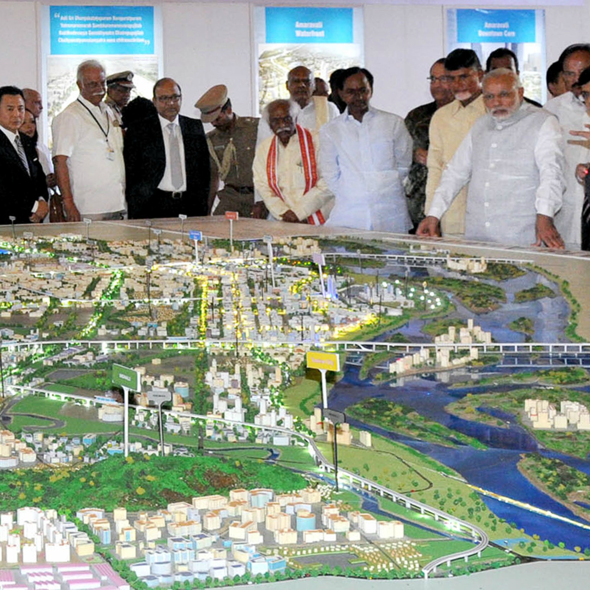PM Modi looks at plans for Amaravati, the new capital of Andhra Pradesh AFP