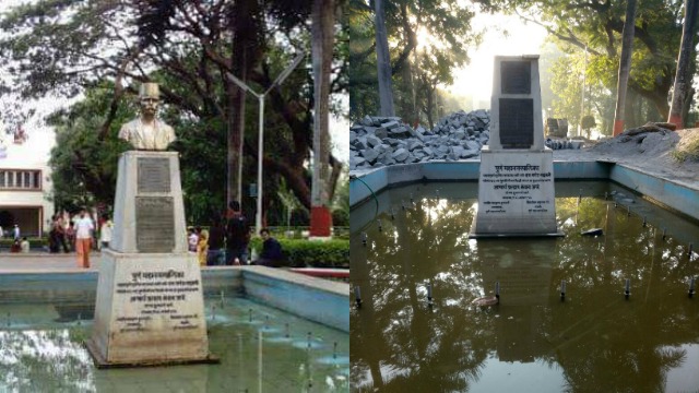 Pune: Sambhaji Brigade vandalises bust of Ram Ganesh Gadkari - 640 x 360 jpeg 89kB