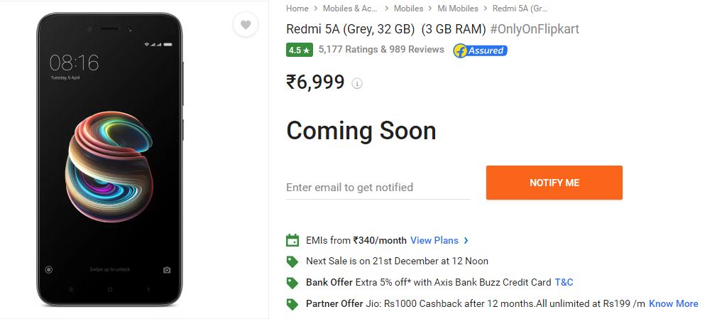 redmi 5a price on flipkart