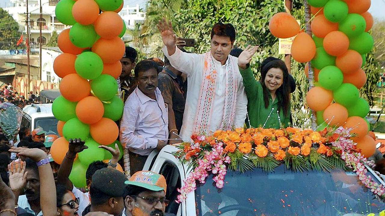 Tripura CM designate Biplab Kumar Deb with party supporters on Sunday