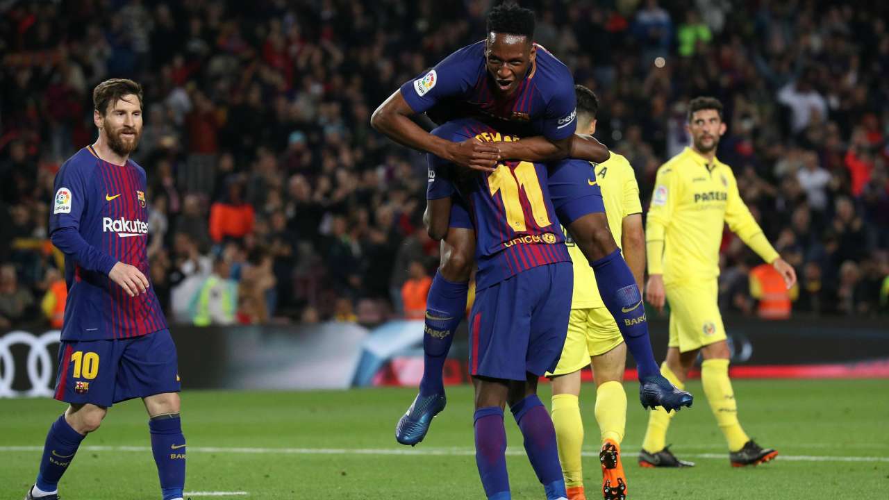 Barcelona's Ousmane Dembele celebrates his goal on Wednesday