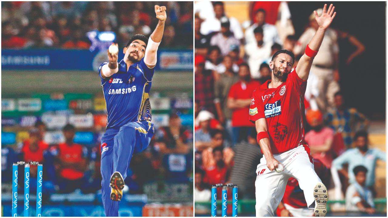 Mumbai Indians’ Jasprit Bumrah and Kings XI Punjab’s Andrew Tye