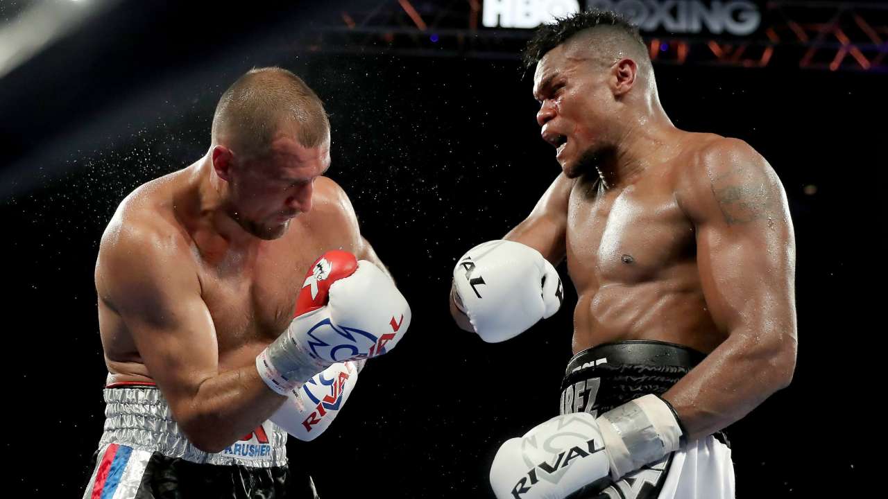 Eleider Alvarez punches Sergey Kovalev during the WBO IBA Light Heavyweight Title bout