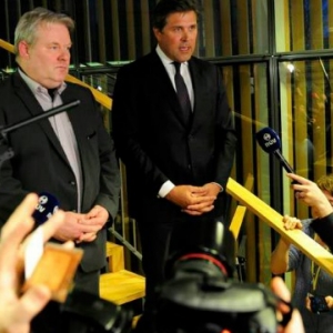 Sigurdur Ingi Johannsson (L), minister of fisheries and agriculture of the Progressive Party who was named as new prime minister by two government coalition parties attends press conference together with finance minster Bjarni Benediktsson in Reykjavik, Iceland on April 6, 2016 Sigurdur Ingi Johannsson Panama Papers