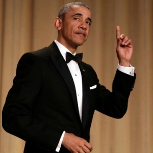 United States President Barack Obama gestures at the White House Correspondents Association annual dinner in Washington, US, April 30, 2016. Barack Obama, United States